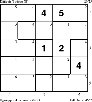 The grouppuzzles.com Difficult Sudoku-5B puzzle for Monday June 3, 2024 with all 6 steps marked