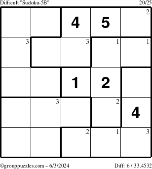 The grouppuzzles.com Difficult Sudoku-5B puzzle for Monday June 3, 2024 with the first 3 steps marked