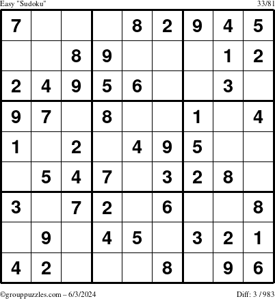 The grouppuzzles.com Easy Sudoku puzzle for Monday June 3, 2024