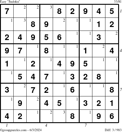 The grouppuzzles.com Easy Sudoku puzzle for Monday June 3, 2024 with all 3 steps marked