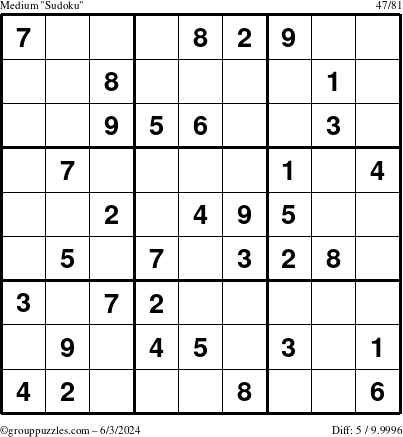 The grouppuzzles.com Medium Sudoku puzzle for Monday June 3, 2024