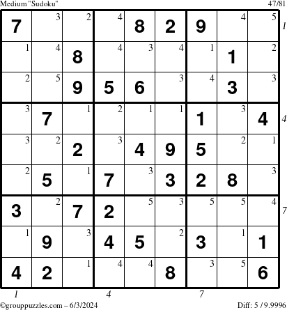 The grouppuzzles.com Medium Sudoku puzzle for Monday June 3, 2024, suitable for printing, with all 5 steps marked