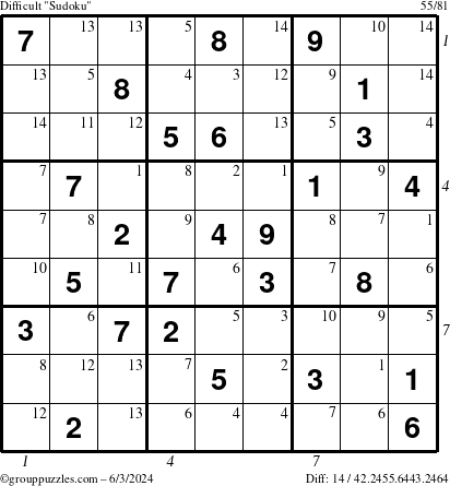 The grouppuzzles.com Difficult Sudoku puzzle for Monday June 3, 2024 with all 14 steps marked