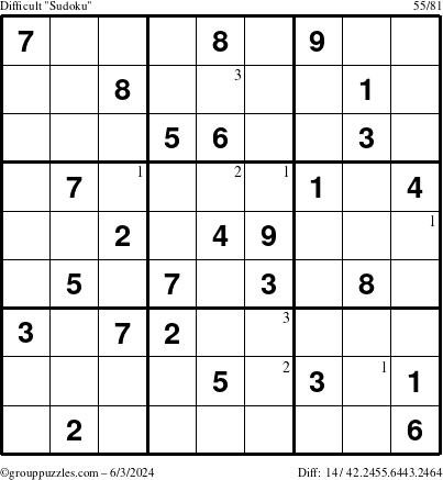 The grouppuzzles.com Difficult Sudoku puzzle for Monday June 3, 2024 with the first 3 steps marked