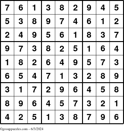 The grouppuzzles.com Answer grid for the Sudoku puzzle for Monday June 3, 2024