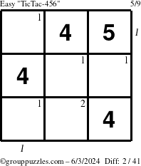 The grouppuzzles.com Easy TicTac-456 puzzle for Monday June 3, 2024, suitable for printing, with all 2 steps marked