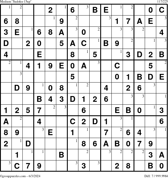 The grouppuzzles.com Medium Sudoku-15up puzzle for Monday June 3, 2024 with the first 3 steps marked