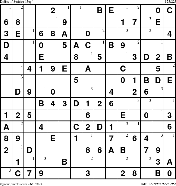 The grouppuzzles.com Difficult Sudoku-15up puzzle for Monday June 3, 2024 with the first 3 steps marked