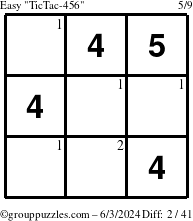 The grouppuzzles.com Easy TicTac-456 puzzle for Monday June 3, 2024 with the first 2 steps marked