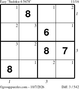 The grouppuzzles.com Easy Sudoku-4-5678 puzzle for Wednesday October 7, 2026, suitable for printing, with all 3 steps marked