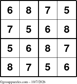 The grouppuzzles.com Answer grid for the Sudoku-4-5678 puzzle for Wednesday October 7, 2026