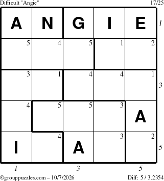The grouppuzzles.com Difficult Angie puzzle for Wednesday October 7, 2026, suitable for printing, with all 5 steps marked