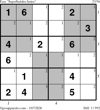 The grouppuzzles.com Easy SuperSudoku-Junior puzzle for Wednesday October 7, 2026 with all 3 steps marked