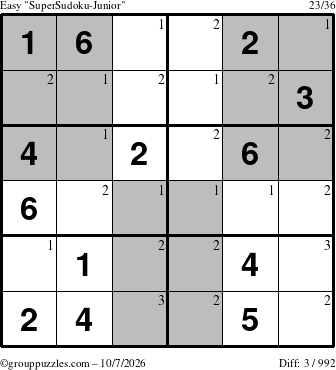 The grouppuzzles.com Easy SuperSudoku-Junior puzzle for Wednesday October 7, 2026 with the first 3 steps marked