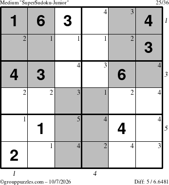 The grouppuzzles.com Medium SuperSudoku-Junior puzzle for Wednesday October 7, 2026, suitable for printing, with all 5 steps marked