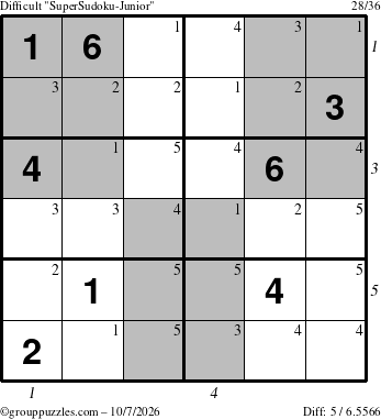 The grouppuzzles.com Difficult SuperSudoku-Junior puzzle for Wednesday October 7, 2026 with all 5 steps marked