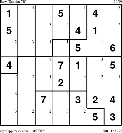 The grouppuzzles.com Easy Sudoku-7B puzzle for Wednesday October 7, 2026 with the first 3 steps marked