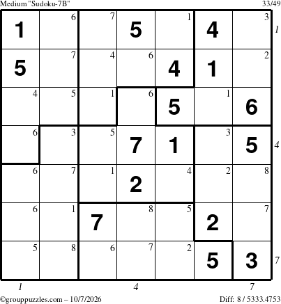 The grouppuzzles.com Medium Sudoku-7B puzzle for Wednesday October 7, 2026, suitable for printing, with all 8 steps marked