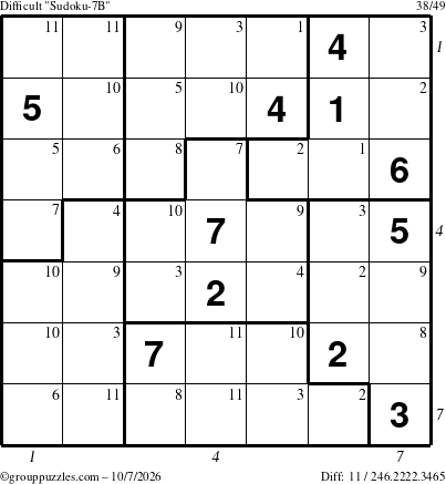 The grouppuzzles.com Difficult Sudoku-7B puzzle for Wednesday October 7, 2026 with all 11 steps marked