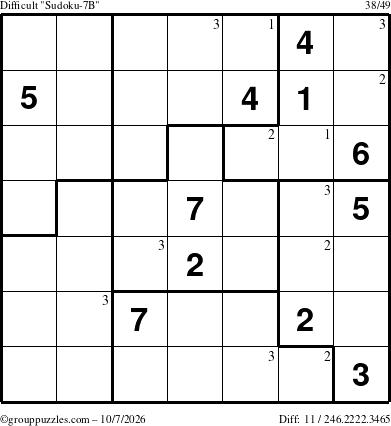 The grouppuzzles.com Difficult Sudoku-7B puzzle for Wednesday October 7, 2026 with the first 3 steps marked