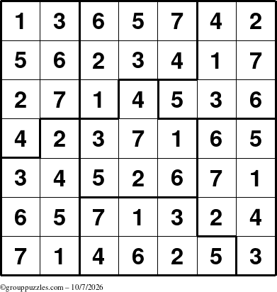 The grouppuzzles.com Answer grid for the Sudoku-7B puzzle for Wednesday October 7, 2026