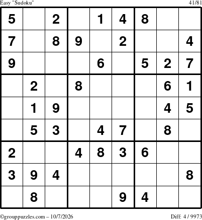 The grouppuzzles.com Easy Sudoku puzzle for Wednesday October 7, 2026