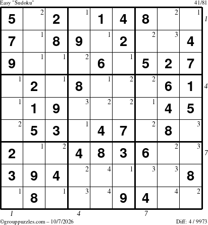 The grouppuzzles.com Easy Sudoku puzzle for Wednesday October 7, 2026, suitable for printing, with all 4 steps marked