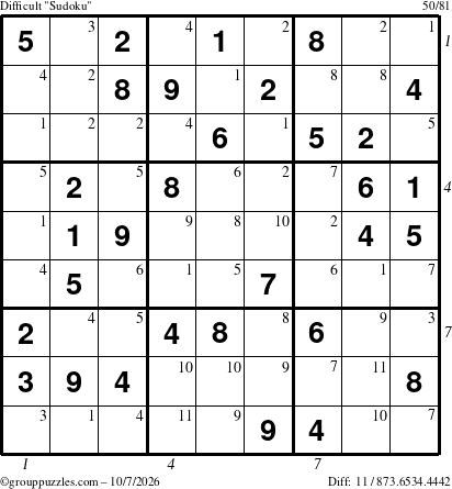 The grouppuzzles.com Difficult Sudoku puzzle for Wednesday October 7, 2026 with all 11 steps marked