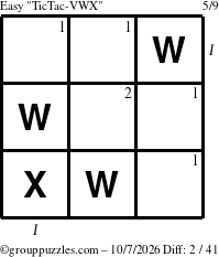 The grouppuzzles.com Easy TicTac-VWX puzzle for Wednesday October 7, 2026 with all 2 steps marked