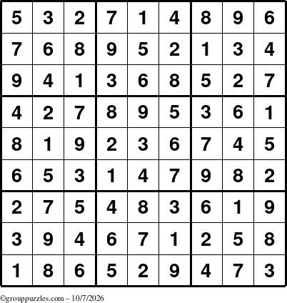 The grouppuzzles.com Answer grid for the Sudoku puzzle for Wednesday October 7, 2026