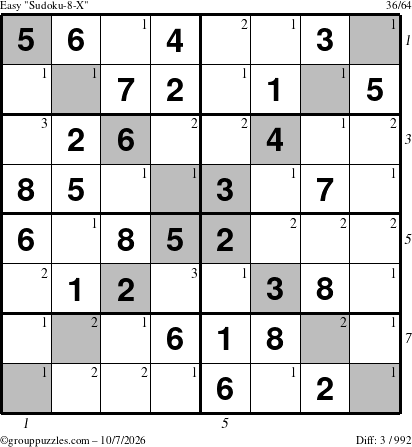 The grouppuzzles.com Easy Sudoku-8-X puzzle for Wednesday October 7, 2026, suitable for printing, with all 3 steps marked
