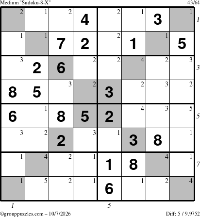 The grouppuzzles.com Medium Sudoku-8-X puzzle for Wednesday October 7, 2026 with all 5 steps marked