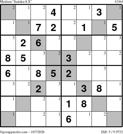 The grouppuzzles.com Medium Sudoku-8-X puzzle for Wednesday October 7, 2026 with the first 3 steps marked
