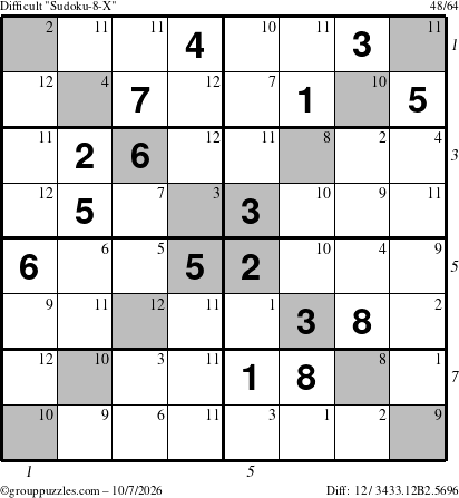 The grouppuzzles.com Difficult Sudoku-8-X puzzle for Wednesday October 7, 2026, suitable for printing, with all 12 steps marked