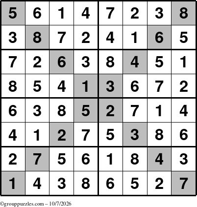 The grouppuzzles.com Answer grid for the Sudoku-8-X puzzle for Wednesday October 7, 2026