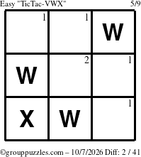 The grouppuzzles.com Easy TicTac-VWX puzzle for Wednesday October 7, 2026 with the first 2 steps marked