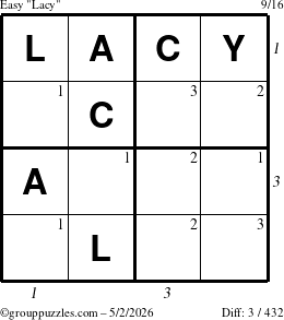 The grouppuzzles.com Easy Lacy puzzle for Saturday May 2, 2026, suitable for printing, with all 3 steps marked