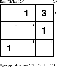 The grouppuzzles.com Easy TicTac-123 puzzle for Saturday May 2, 2026 with all 2 steps marked