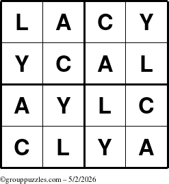 The grouppuzzles.com Answer grid for the Lacy puzzle for Saturday May 2, 2026
