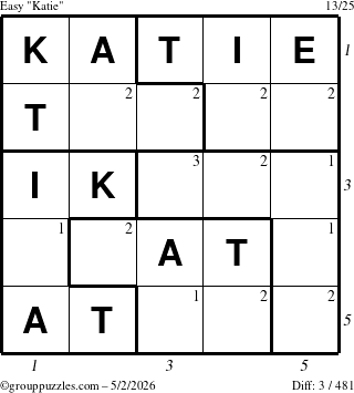 The grouppuzzles.com Easy Katie puzzle for Saturday May 2, 2026, suitable for printing, with all 3 steps marked