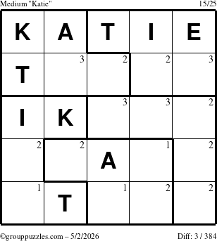 The grouppuzzles.com Medium Katie puzzle for Saturday May 2, 2026 with the first 3 steps marked