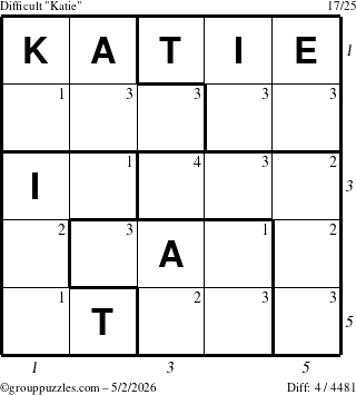 The grouppuzzles.com Difficult Katie puzzle for Saturday May 2, 2026 with all 4 steps marked