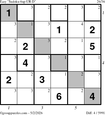 The grouppuzzles.com Easy Sudoku-6up-UR-D puzzle for Saturday May 2, 2026 with all 4 steps marked