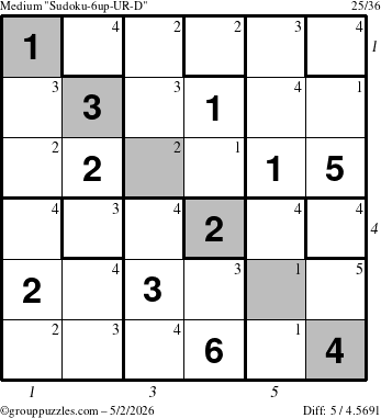 The grouppuzzles.com Medium Sudoku-6up-UR-D puzzle for Saturday May 2, 2026 with all 5 steps marked