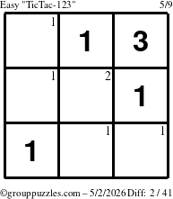 The grouppuzzles.com Easy TicTac-123 puzzle for Saturday May 2, 2026 with the first 2 steps marked