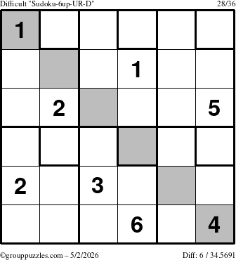 The grouppuzzles.com Difficult Sudoku-6up-UR-D puzzle for Saturday May 2, 2026
