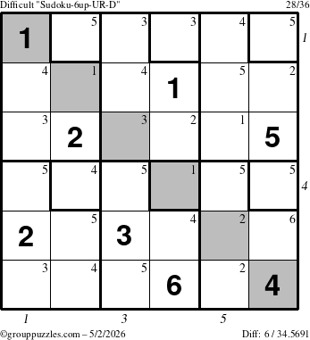The grouppuzzles.com Difficult Sudoku-6up-UR-D puzzle for Saturday May 2, 2026, suitable for printing, with all 6 steps marked