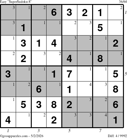 The grouppuzzles.com Easy SuperSudoku-8 puzzle for Saturday May 2, 2026, suitable for printing, with all 4 steps marked