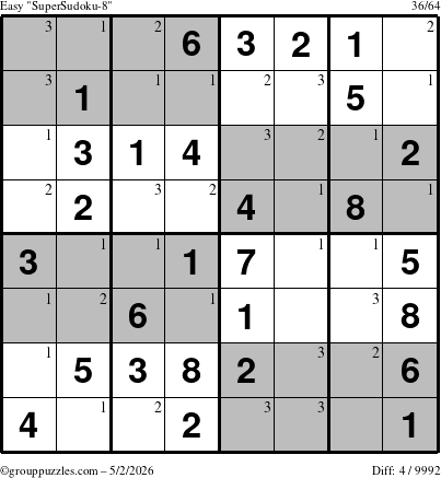 The grouppuzzles.com Easy SuperSudoku-8 puzzle for Saturday May 2, 2026 with the first 3 steps marked