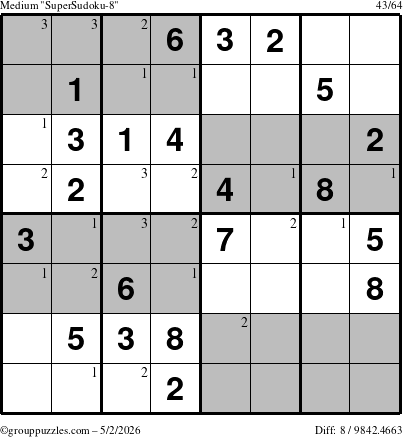 The grouppuzzles.com Medium SuperSudoku-8 puzzle for Saturday May 2, 2026 with the first 3 steps marked